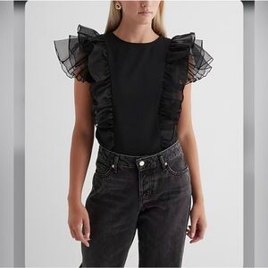 Express Black Tulle Ruffle Flutter Sleeve Statement Top